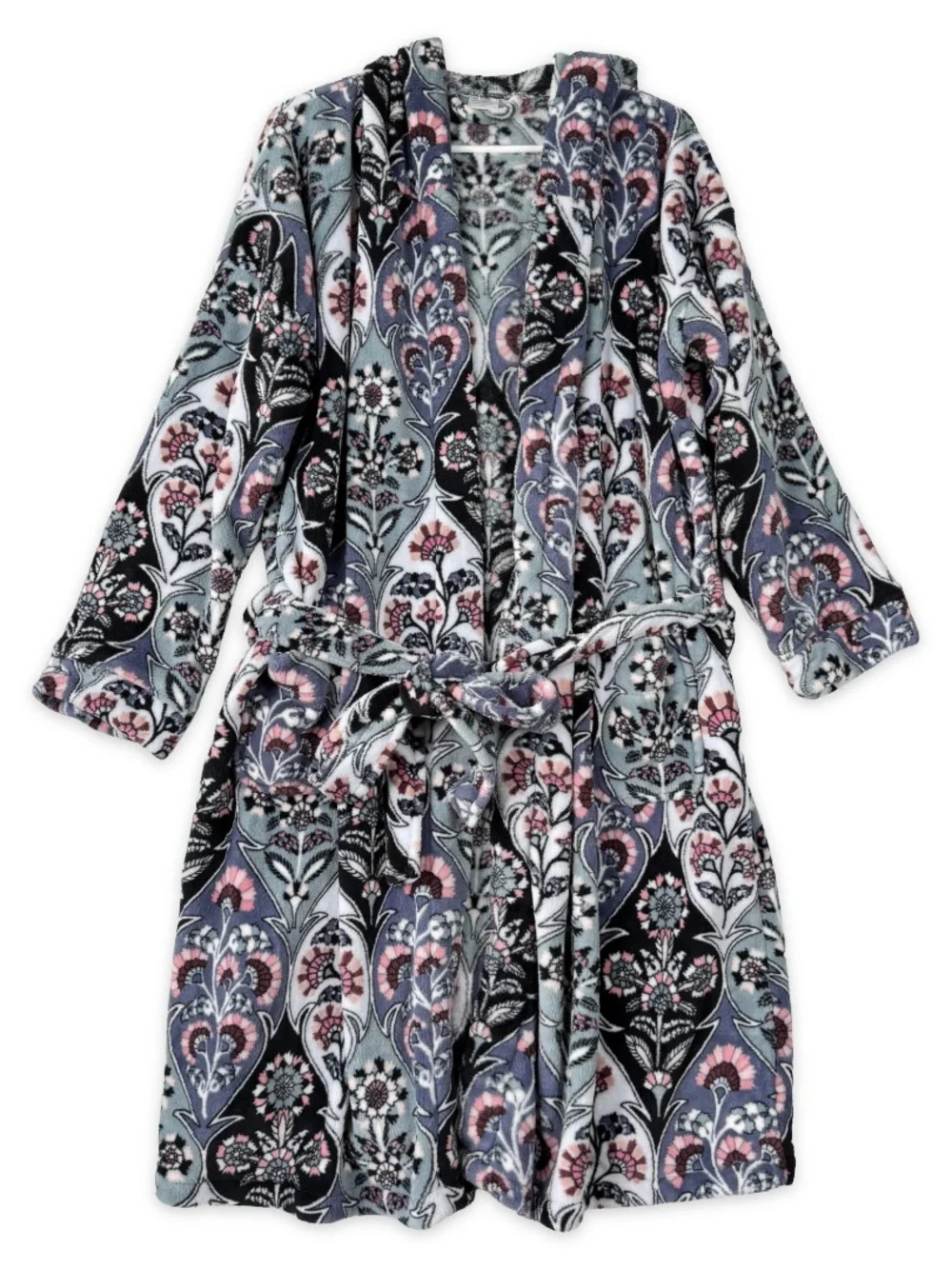 Vera Bradley Hooded Robe Womens L/XL Pink Bloom Flower Cozy Soft Plush Waist Tie
